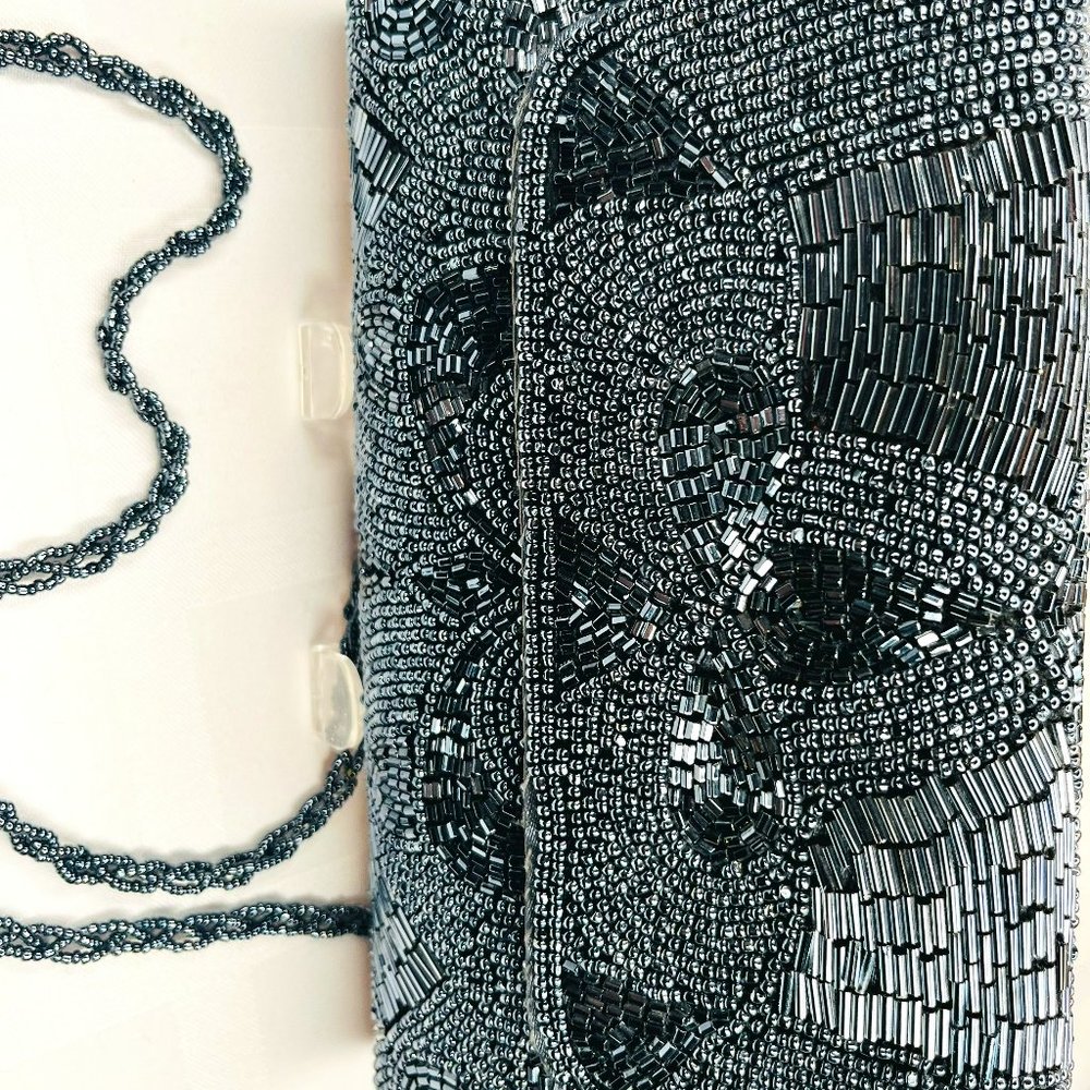 🌙 Dark Silver Vintage Beaded Evening Clutch – Italian Beads & Satin Elegance